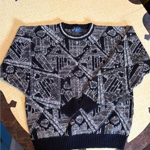 Vintage Geometric Patterned Black and Gray Men's Sweater